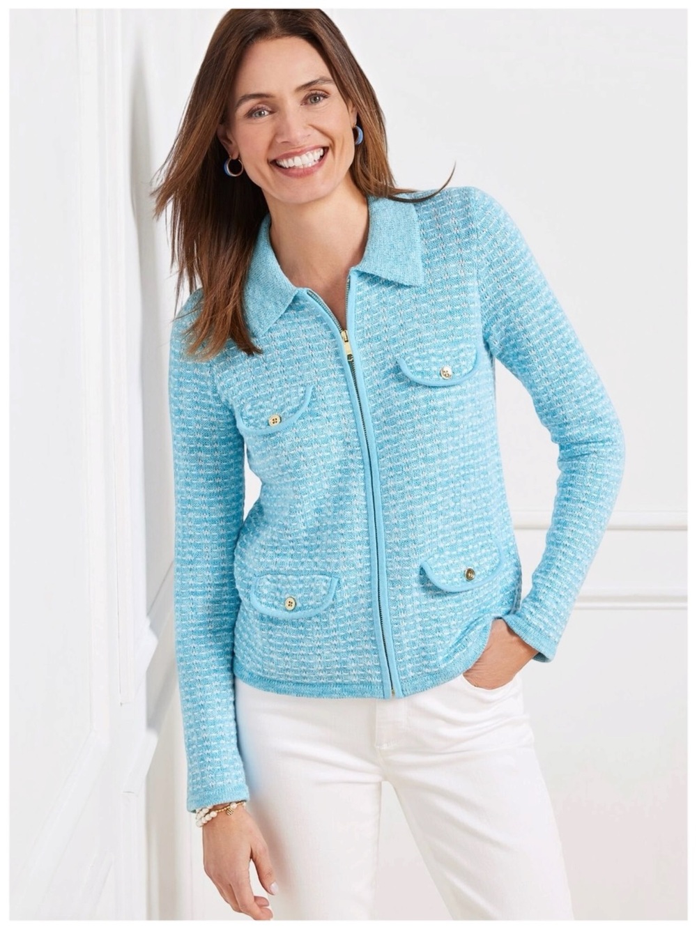 NWT Talbot’s Collared Zip Cotton Blend Cardigan - Dash Stripe